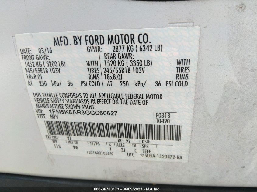 2016 FORD UTILITY POLICE 1FM5K8AR3GGC60627