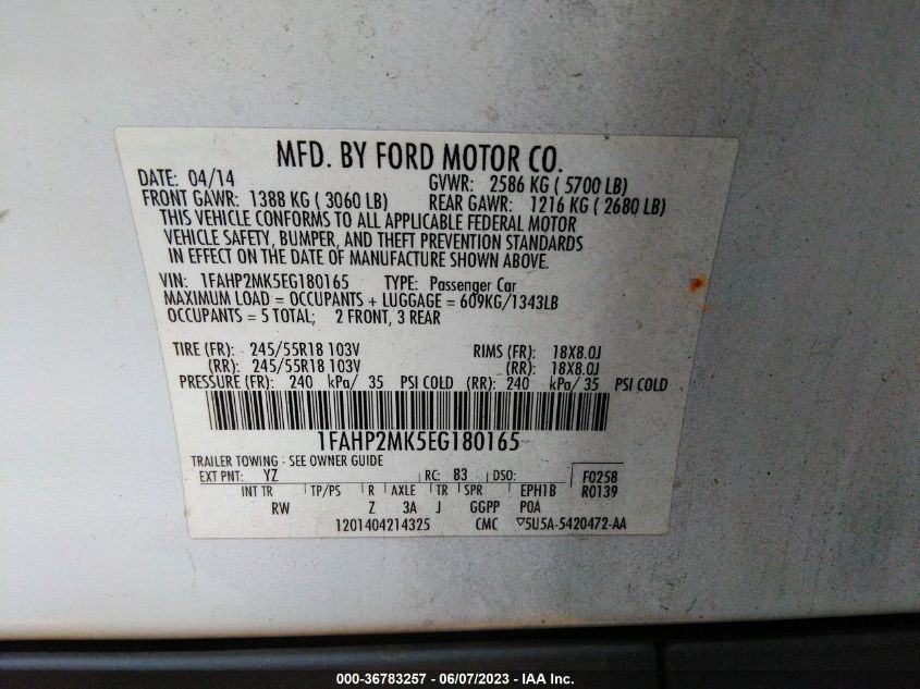2014 FORD SEDAN POLICE INTERCEPTOR 1FAHP2MK5EG180165