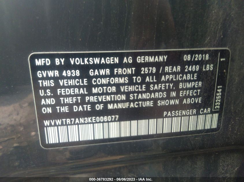 2019 VOLKSWAGEN ARTEON SEL PREMIUM R-LINE WVWTR7AN3KE006077