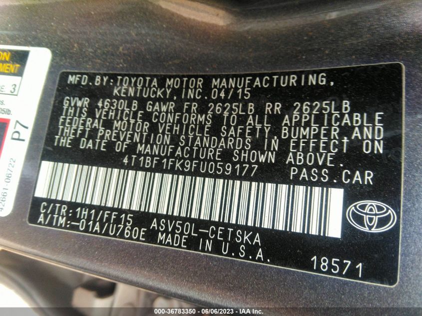 2015 TOYOTA CAMRY XLE/SE/LE/XSE - 4T1BF1FK9FU059177