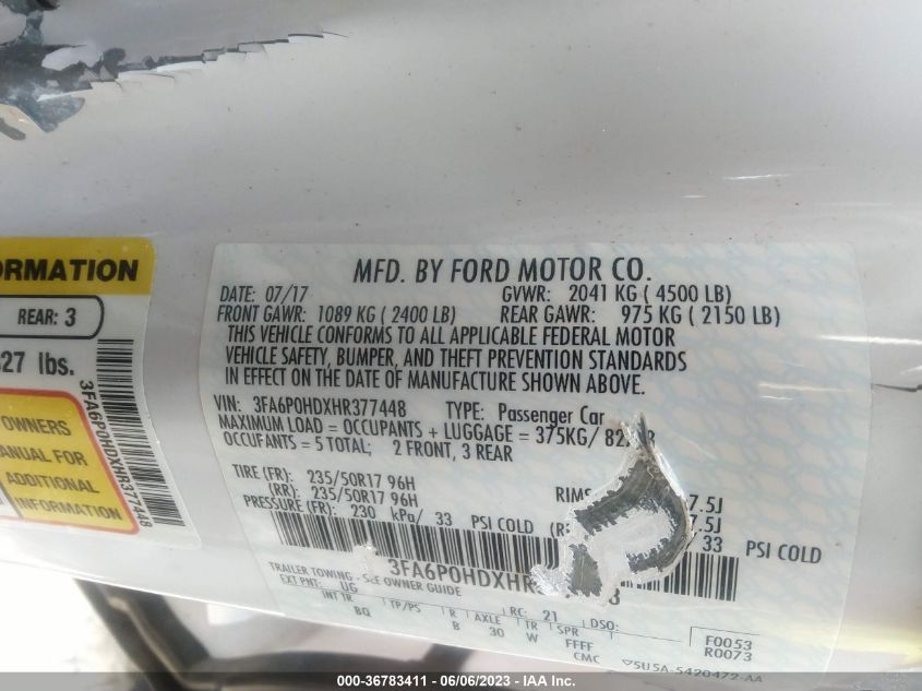 2017 FORD FUSION SE - 3FA6P0HDXHR377448