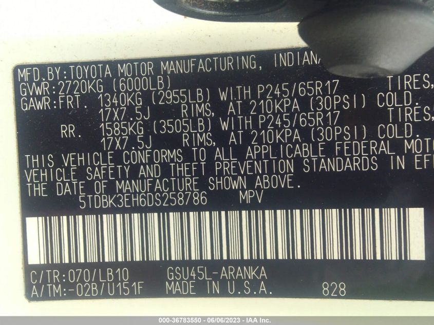 2013 TOYOTA HIGHLANDER PLUS/SE - 5TDBK3EH6DS258786