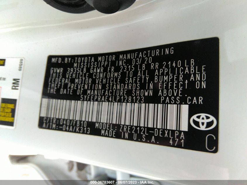 2020 TOYOTA COROLLA LE - 5YFEPRAE4LP128123