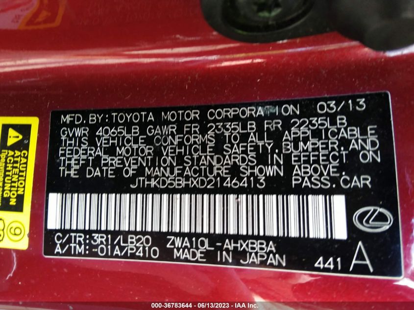 2013 LEXUS CT 200H HYBRID - JTHKD5BHXD2146413