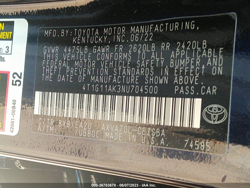 2022 TOYOTA CAMRY SE - 4T1G11AK3NU704500