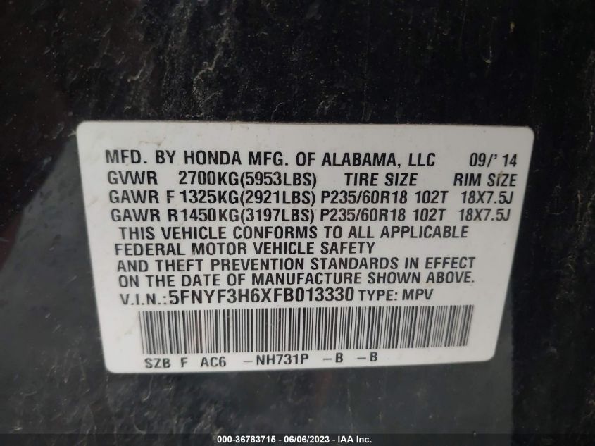 2015 HONDA PILOT EX-L - 5FNYF3H6XFB013330