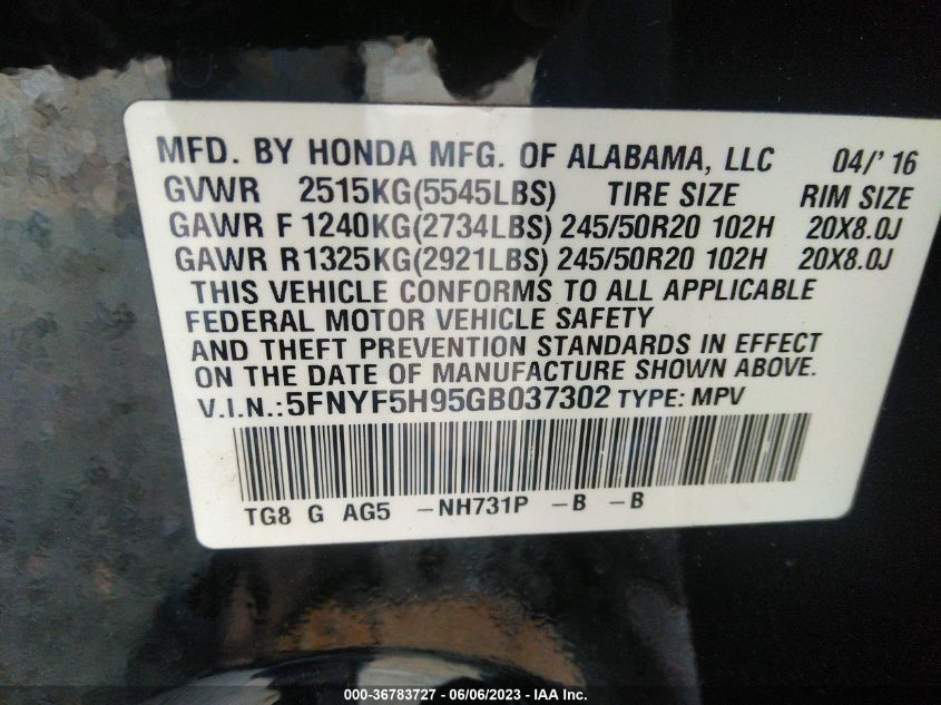 2016 HONDA PILOT TOURING - 5FNYF5H95GB037302