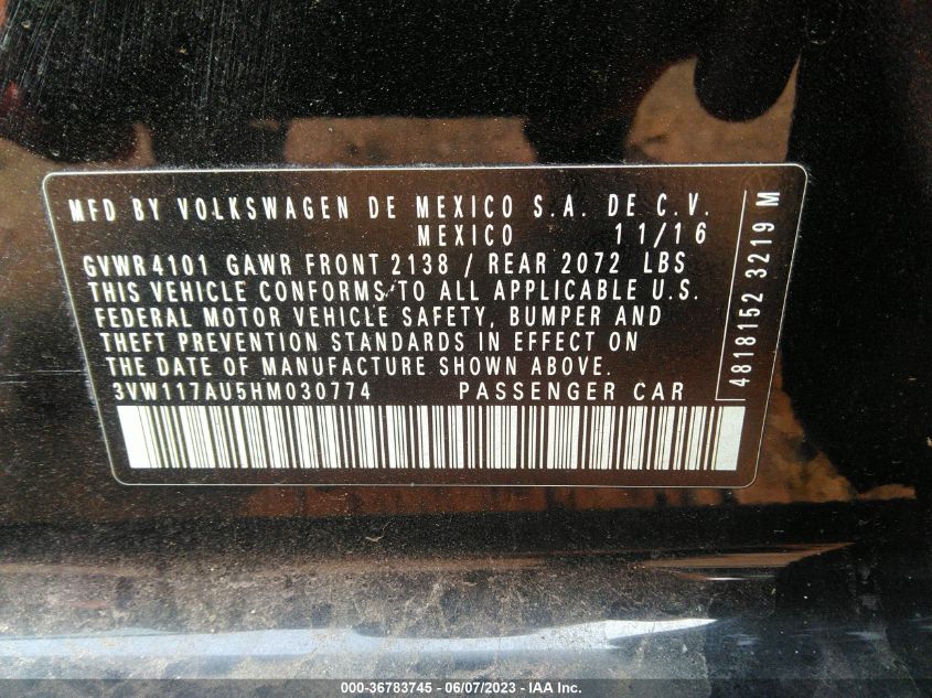 2017 VOLKSWAGEN GOLF S/WOLFSBURG EDITION - 3VW117AU5HM030774