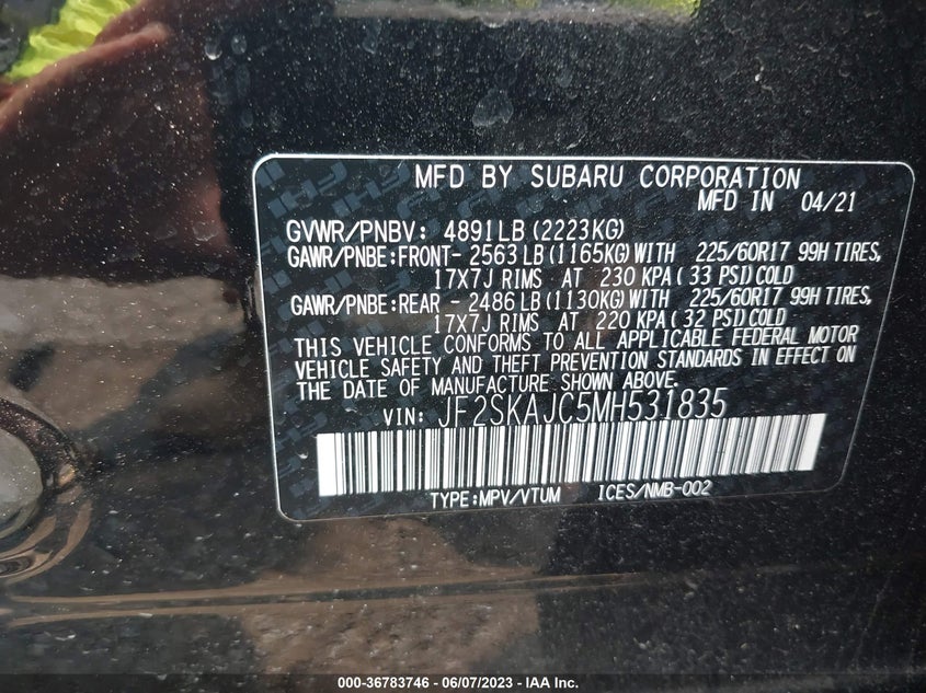 VIN JF2SKAJC5MH531835 2021 SUBARU FORESTER PREMIUM