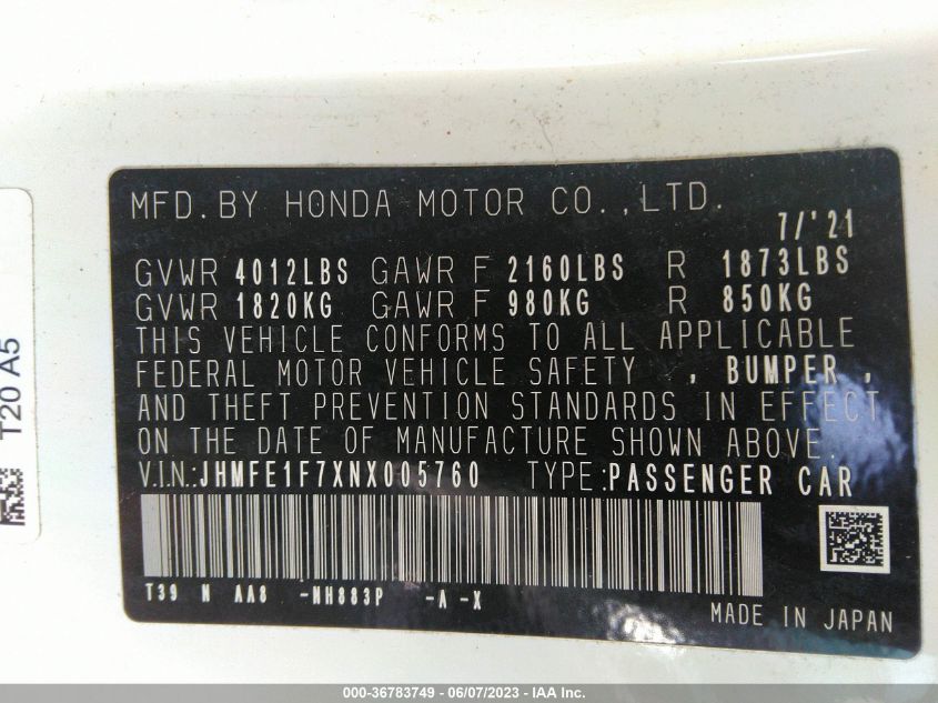 2022 HONDA CIVIC SEDAN EX - JHMFE1F7XNX005760