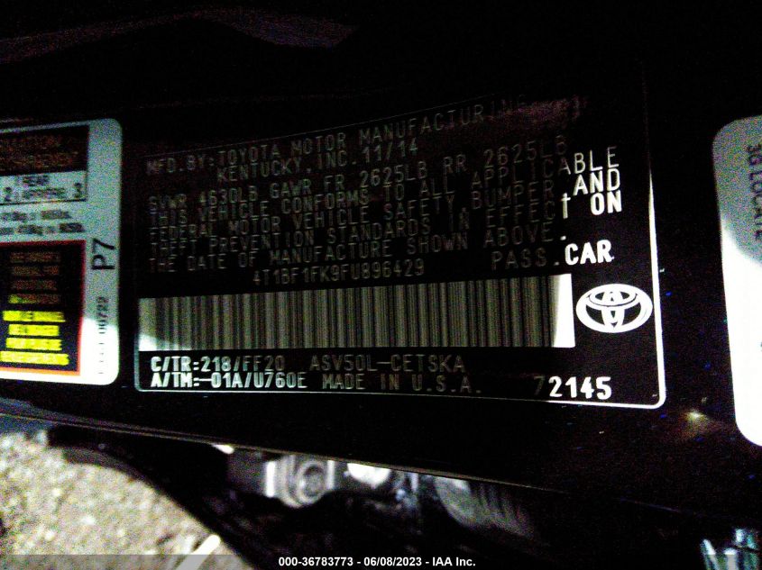 2015 TOYOTA CAMRY XLE/SE/LE/XSE - 4T1BF1FK9FU896429