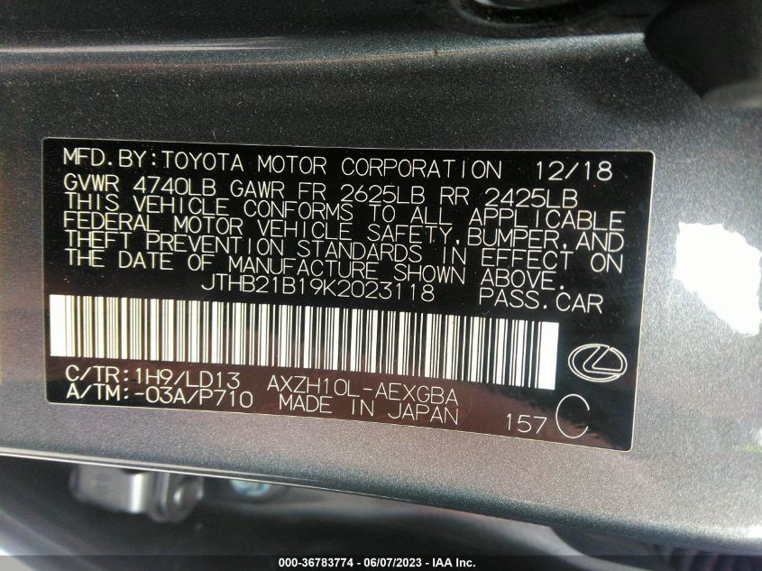 2019 LEXUS ES 300H - JTHB21B19K2023118