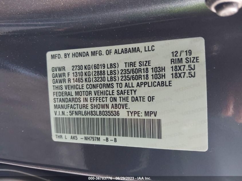 5FNRL6H83LB035536 Honda Odyssey TOURING 9