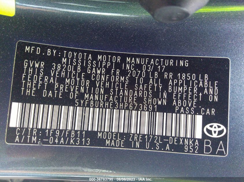2017 TOYOTA COROLLA L/LE/XLE/SE - 5YFBURHE3HP673691