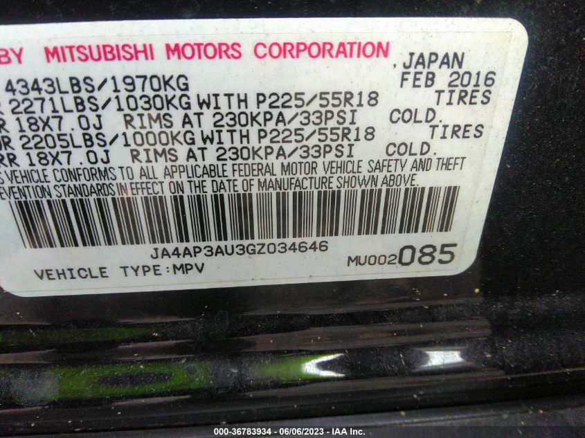 2016 MITSUBISHI OUTLANDER SPORT 2.0 ES - JA4AP3AU3GZ034646