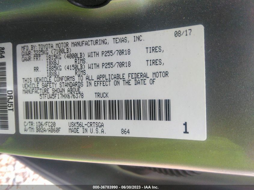 2017 TOYOTA TUNDRA 4WD SR/SR5/TRD PRO - 5TFUW5F17HX676378