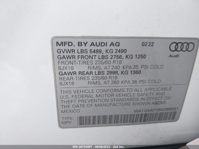 WA1GAAFY9N2066051 2022 AUDI Q5, photo no. 9