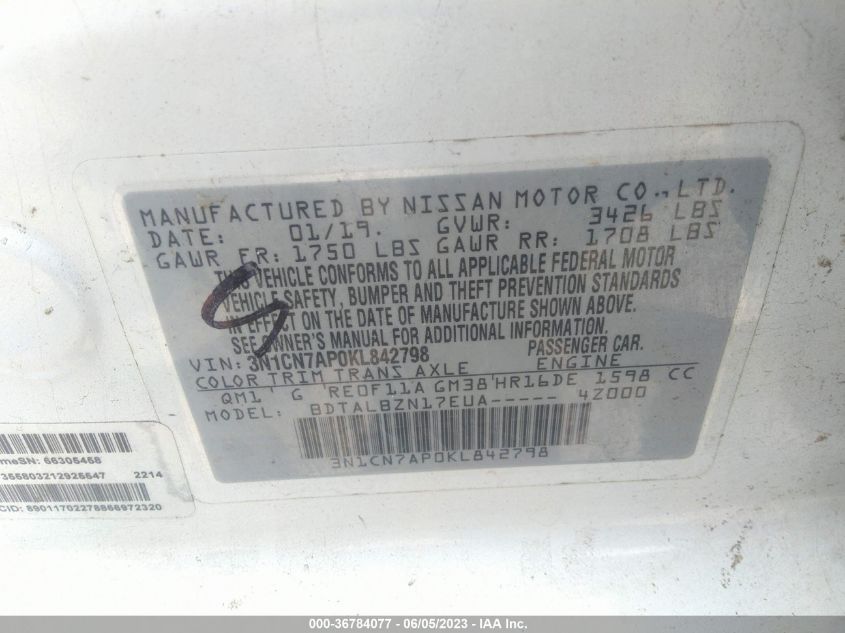 2019 NISSAN VERSA SEDAN SV - 3N1CN7AP0KL842798