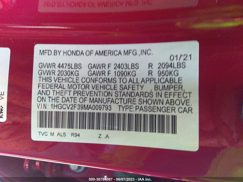 VIN 1HGCV2F39MA009793 2021 HONDA ACCORD SEDAN SPORT