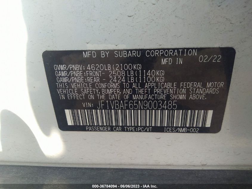 2022 SUBARU WRX PREMIUM - JF1VBAF65N9003485