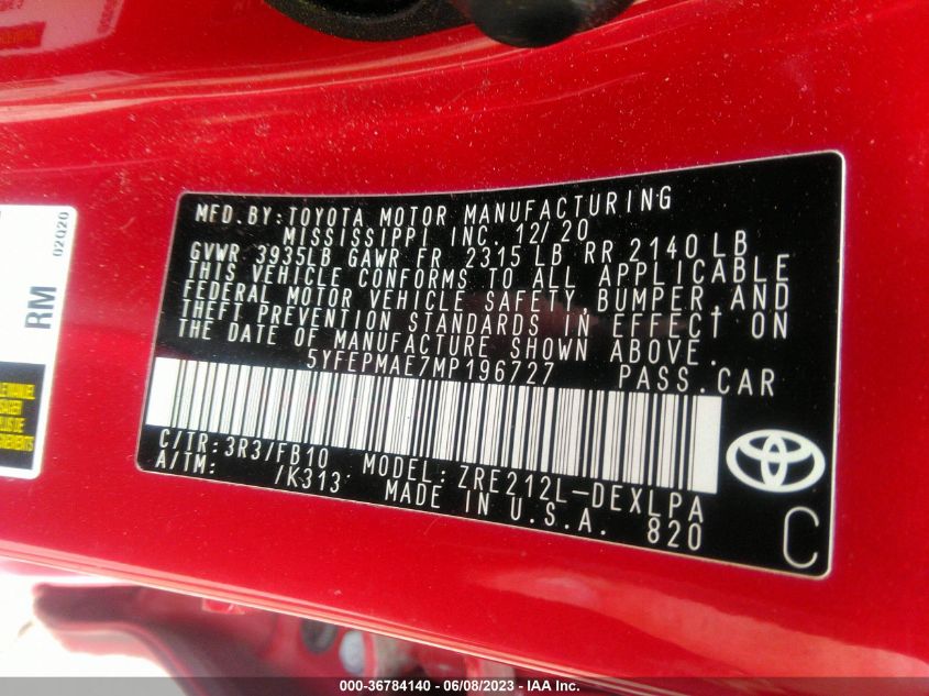 2021 TOYOTA COROLLA LE - 5YFEPMAE7MP196727