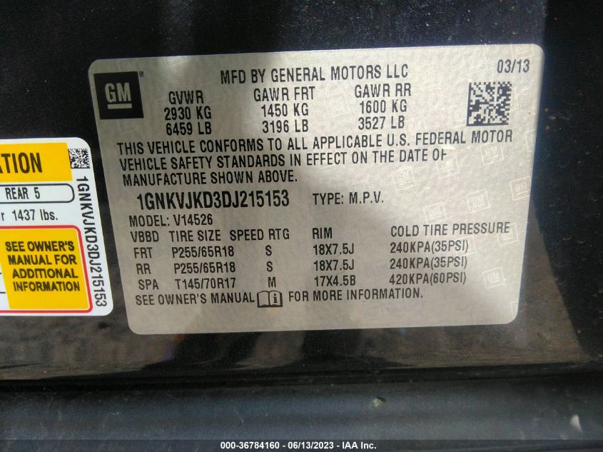 2013 CHEVROLET TRAVERSE LT - 1GNKVJKD3DJ215153