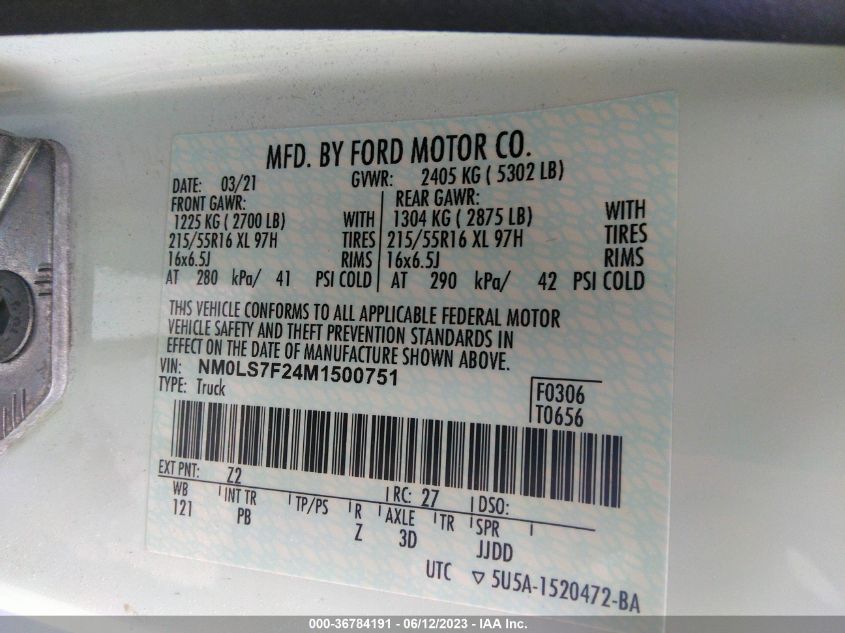 2021 FORD TRANSIT CONNECT VAN XLT - NM0LS7F24M1500751