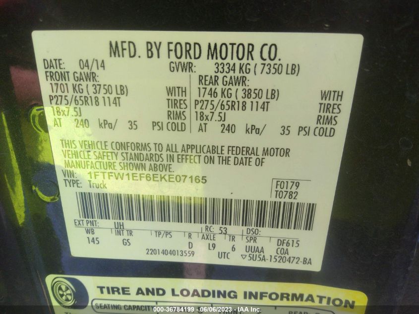 2014 FORD F-150 XL/XLT/STX/FX4/LARIAT - 1FTFW1EF6EKE07165