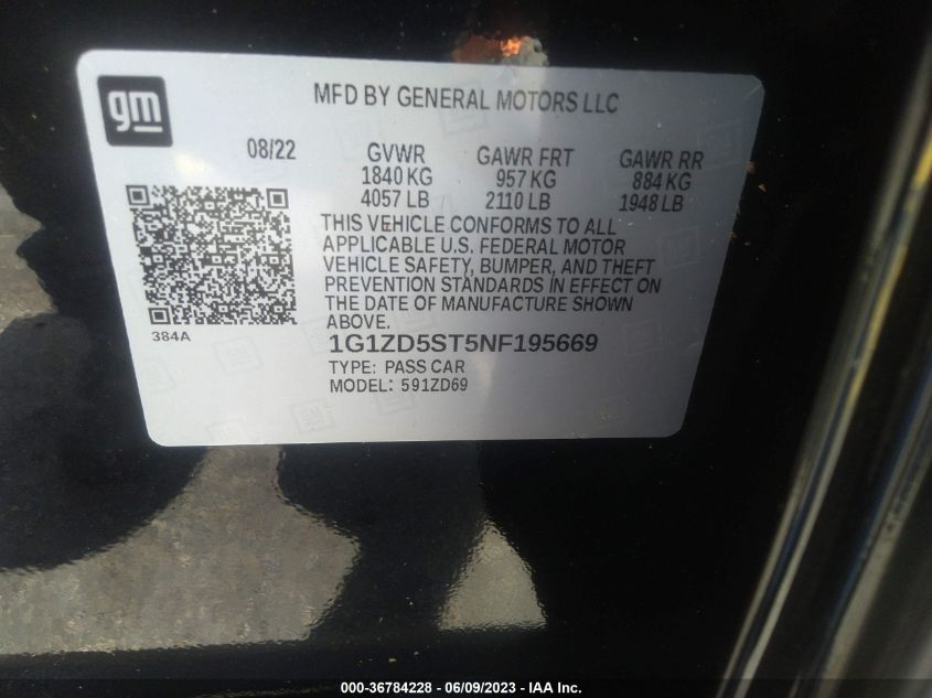 2022 CHEVROLET MALIBU LT - 1G1ZD5ST5NF195669