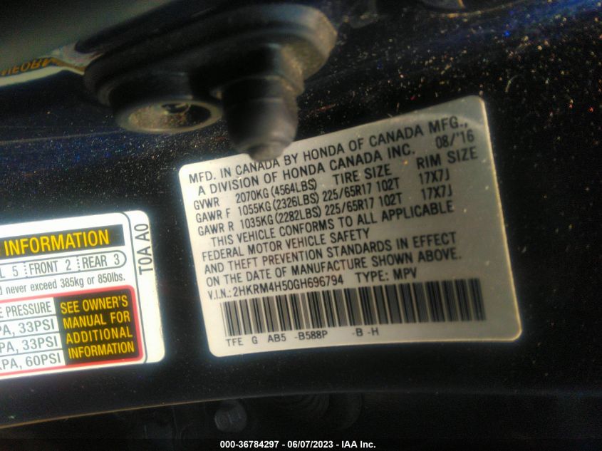 2016 HONDA CR-V EX - 2HKRM4H50GH696794