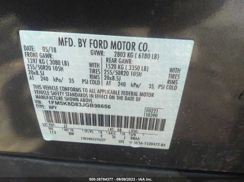 2018 FORD EXPLORER XLT - 1FM5K8D83JGB98656