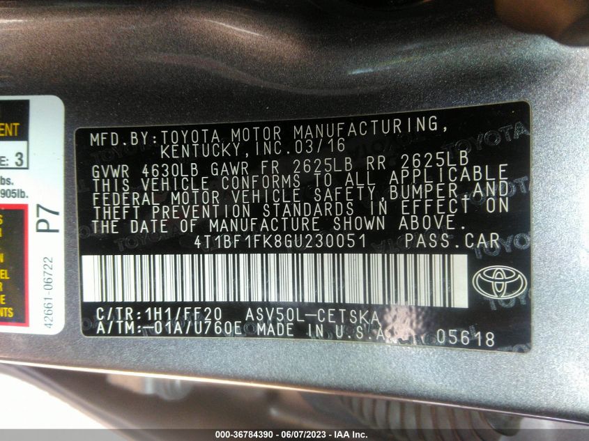 2016 TOYOTA CAMRY XLE/SE/LE/XSE - 4T1BF1FK8GU230051