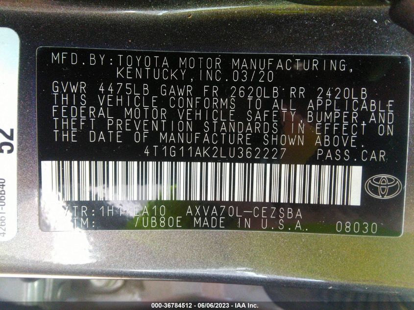 2020 TOYOTA CAMRY SE - 4T1G11AK2LU362227