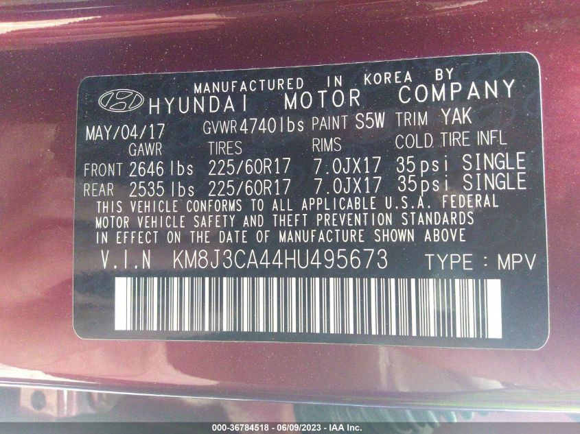 2017 HYUNDAI TUCSON LIMITED/SPORT AND ECO/SE - KM8J3CA44HU495673