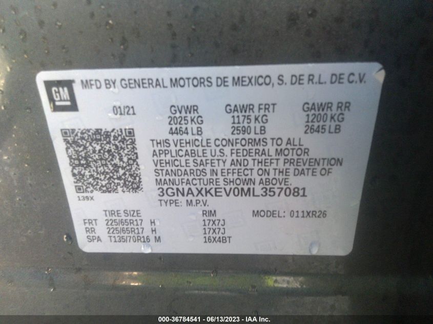 2021 CHEVROLET EQUINOX LT - 3GNAXKEV0ML357081