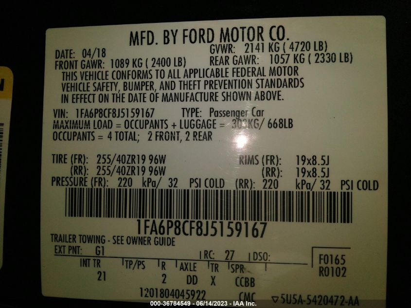 2018 FORD MUSTANG GT - 1FA6P8CF8J5159167