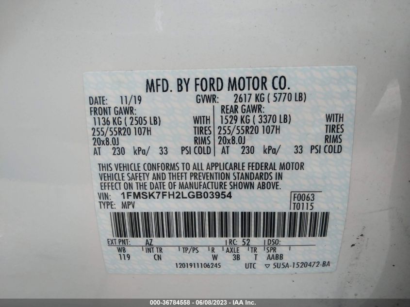 2020 FORD EXPLORER LIMITED - 1FMSK7FH2LGB03954