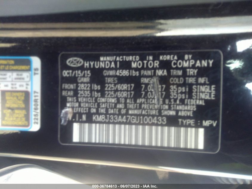 2016 HYUNDAI TUCSON LIMITED/SPORT AND ECO/SE - KM8J33A47GU100433