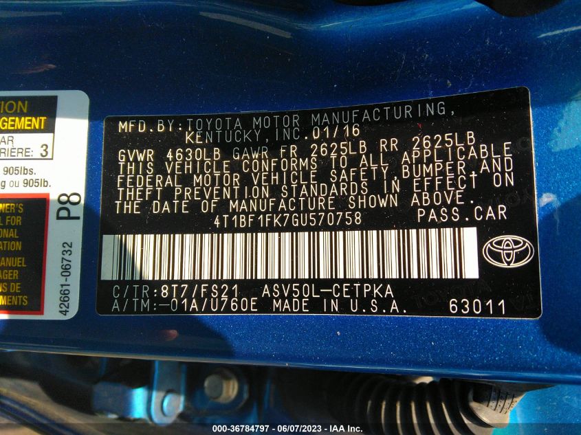 2016 TOYOTA CAMRY XLE/SE/LE/XSE - 4T1BF1FK7GU570758