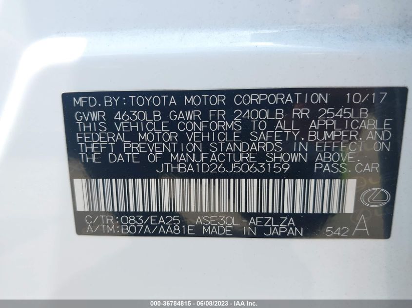 2018 LEXUS IS IS 300 - JTHBA1D26J5063159