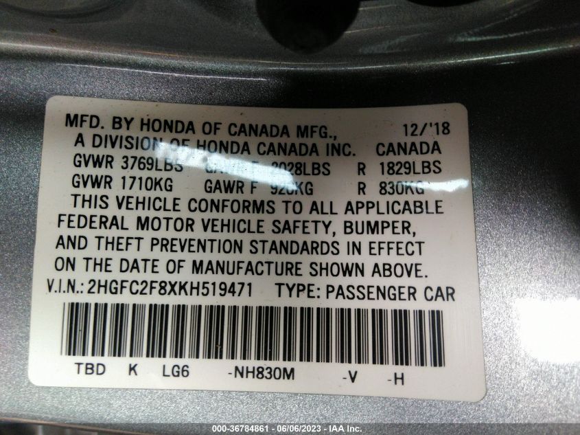2019 HONDA CIVIC SEDAN SPORT - 2HGFC2F8XKH519471