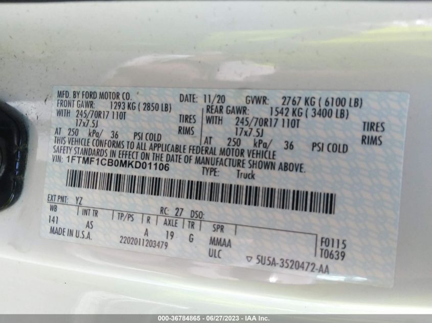 2021 FORD F-150 XL/XLT - 1FTMF1CB0MKD01106