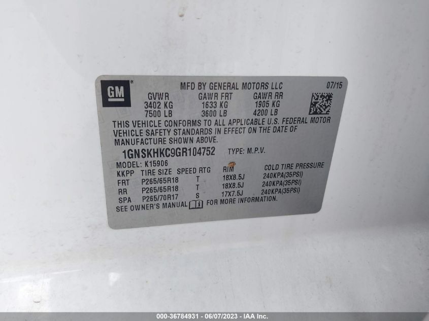 2016 CHEVROLET SUBURBAN K1500 LT - 1GNSKHKC9GR104752