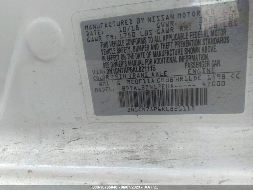 2019 NISSAN VERSA SEDAN SV - 3N1CN7AP6KL821115