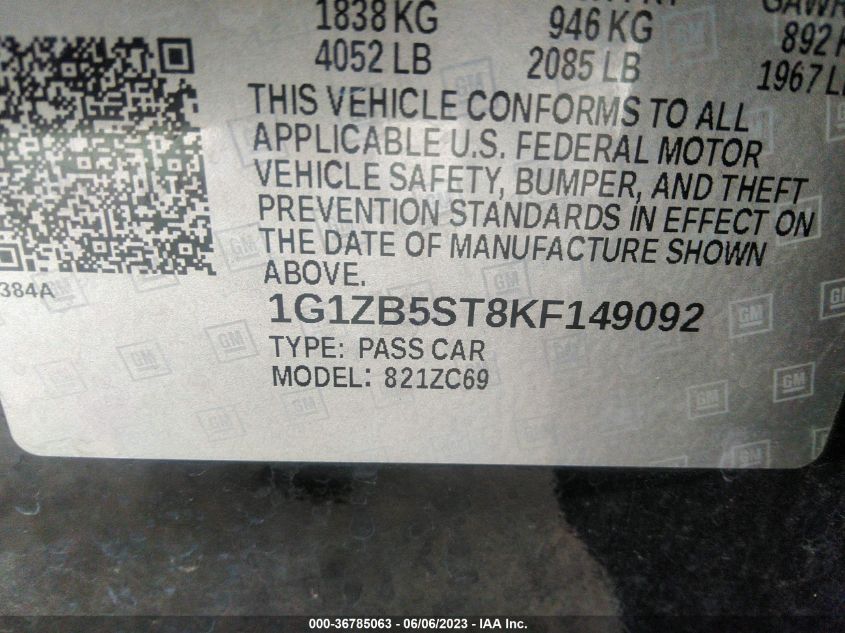 2019 CHEVROLET MALIBU LS - 1G1ZB5ST8KF149092