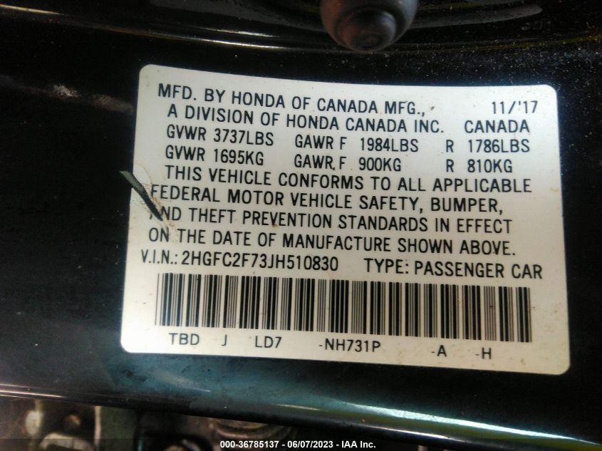 2018 HONDA CIVIC SEDAN EX - 2HGFC2F73JH510830