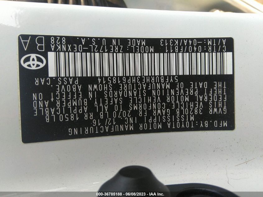 2017 TOYOTA COROLLA L/LE/XLE/SE - 5YFBURHE3HP618514