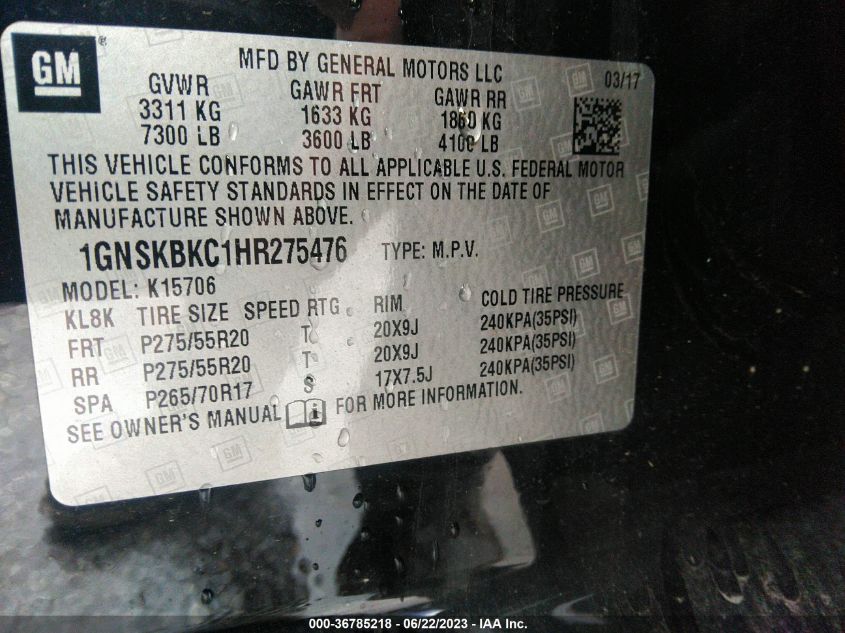 2017 CHEVROLET TAHOE LT - 1GNSKBKC1HR275476