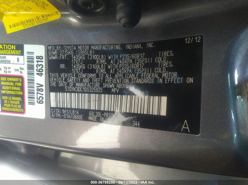 2013 TOYOTA SIENNA XLE AAS/XLE/LTD - 5TDYK3DC1DS325925