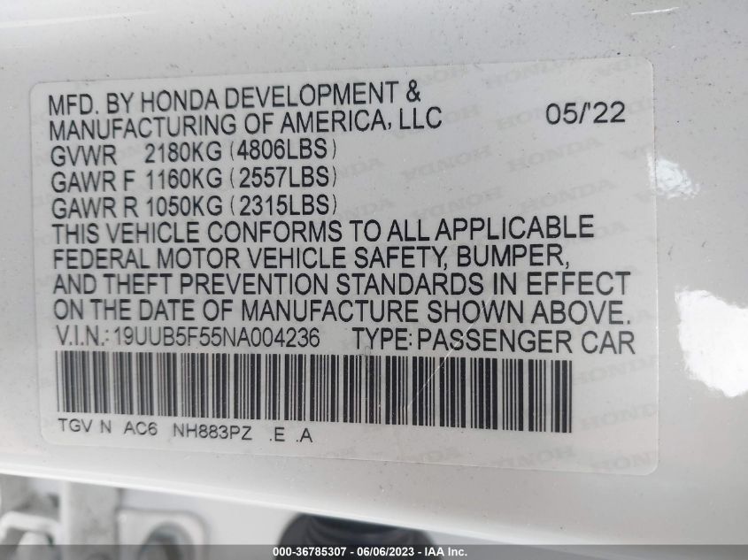 2022 ACURA TLX W/A-SPEC PACKAGE - 19UUB5F55NA004236